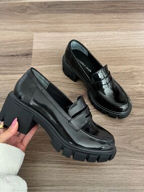Sincerly Jules Black Patent Chunky Lug Heel Loafers